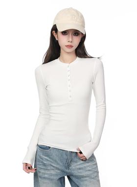 美式亨利领白色正肩长袖T恤上衣2025秋季新款辣妹紧身内搭打底衫