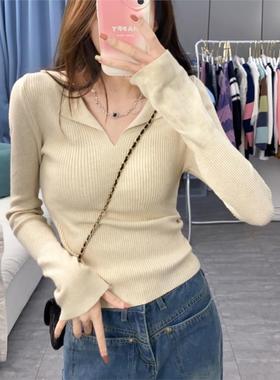 法式Polo领长袖针织衫女秋装设计感纯欲毛衣打底衫欧货上衣ins潮