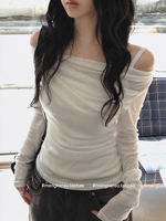 Soft mist Korean style ~ Off-the-shoulder pleated slimming long-sleeved T-shirt for women, white one-shoulder collar, slimming waist, versatile top thumbnail 6