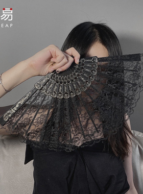 折扇A1zoq001-扇子古风中国风汉服拍照旗袍夏蕾丝随身舞蹈女黑色