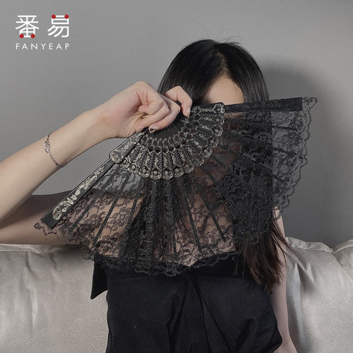 折扇A1zoq001-扇子古风中国风汉服拍照旗袍夏蕾丝随身舞蹈女黑色