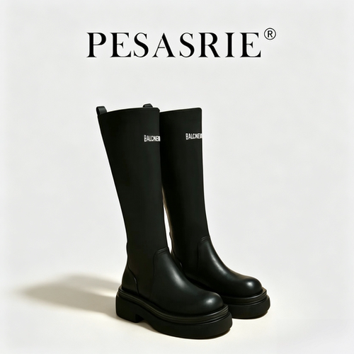 PESASRIE/柏萨尼字母厚底骑士靴不过膝小个子增高长筒靴黑色女