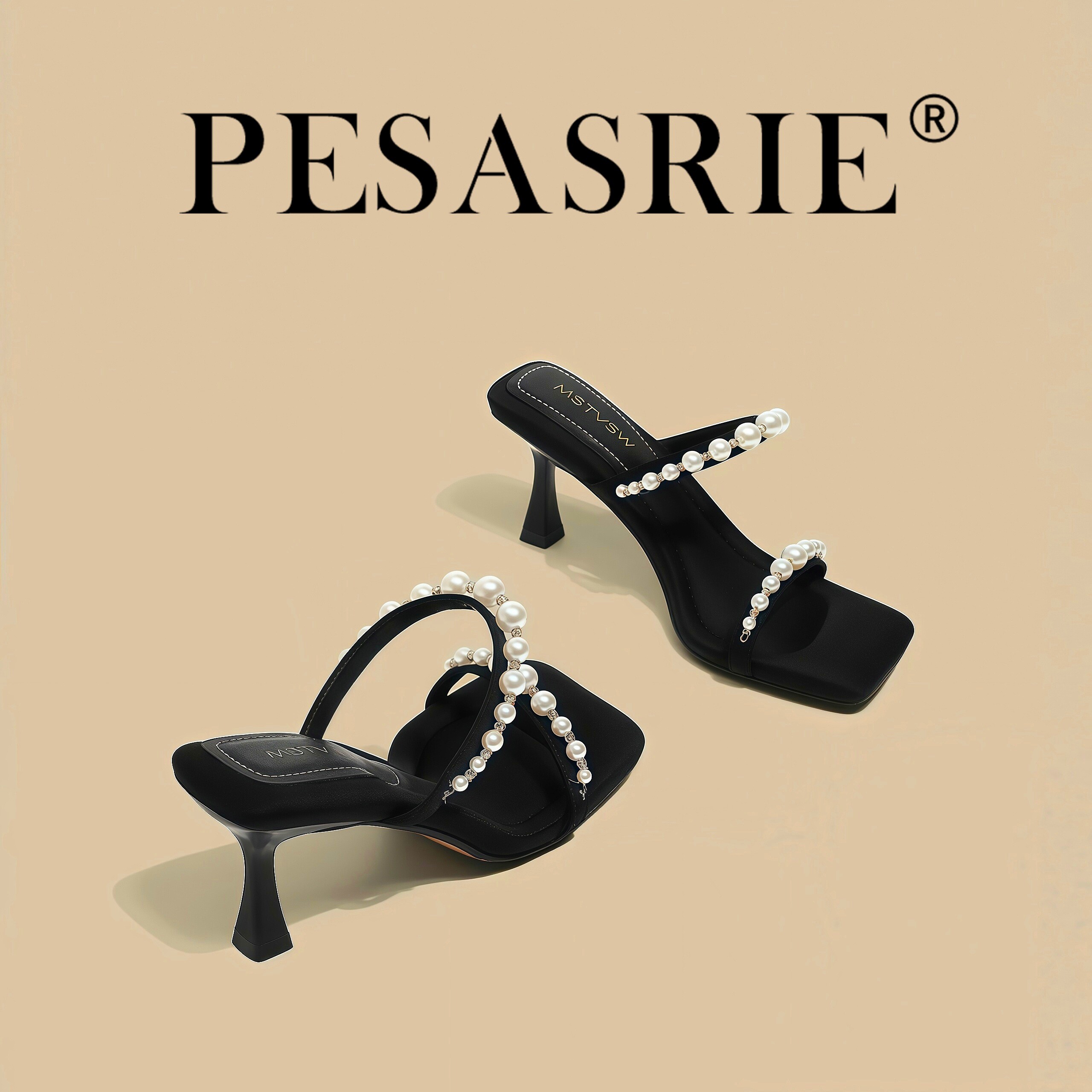 PESASRIE/柏萨尼高档轻奢凉鞋2026年新款珍珠一字带高跟凉鞋露趾