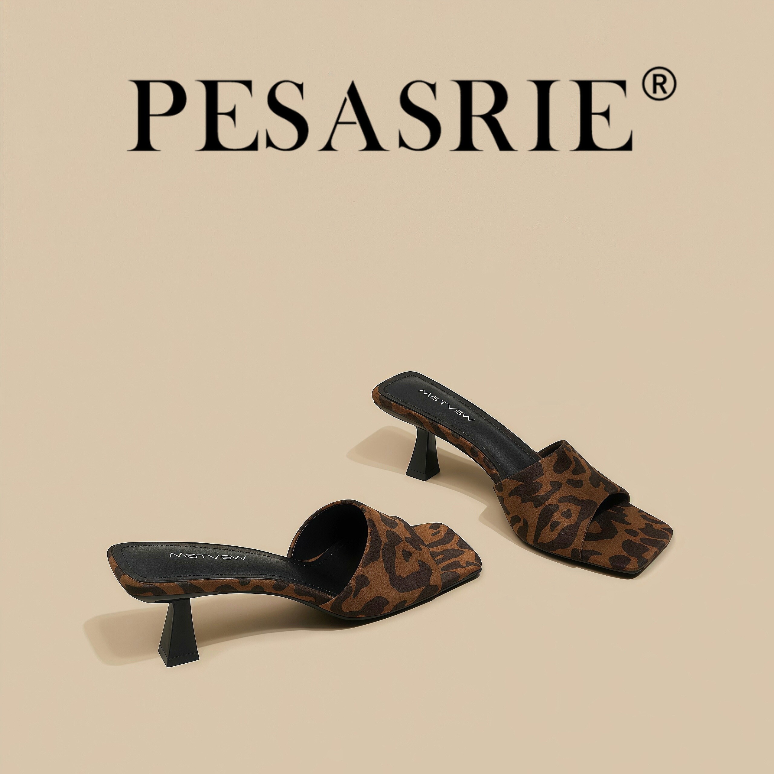 PESASRIE/柏萨尼高档轻奢凉鞋2026年新款法式豹纹一字高跟凉拖鞋