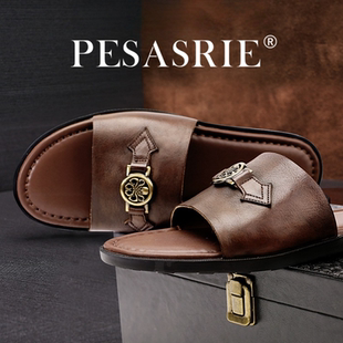 拖鞋 高档轻奢真皮男士 夏季 外穿一字拖个性 PESASRIE 沙滩鞋 柏萨尼