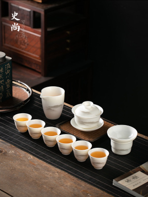 乳脂玉瓷水墨山水茶具家用白瓷盖碗茶杯冰籽三彩茶碗礼盒