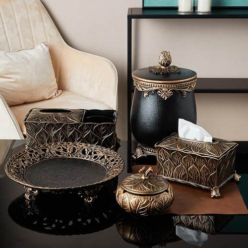 欧式客厅轻奢潮流简约水果盘套装树脂复古大号果盆烟灰缸桌面摆件