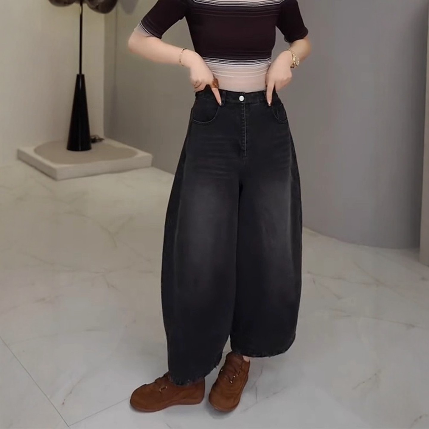 潮牌覆古风黑色牛仔弯刀裤女春秋季2025年新款大码显瘦九分阔腿裤