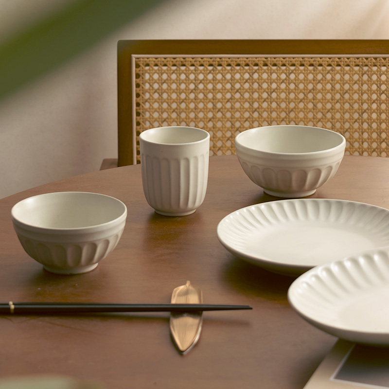 日式粗陶竖纹饭碗简约纯色小汤碗