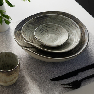 川泽烧景德镇柴烧粗陶复古碗碟套装家用饭碗菜盘高级感陶瓷餐具