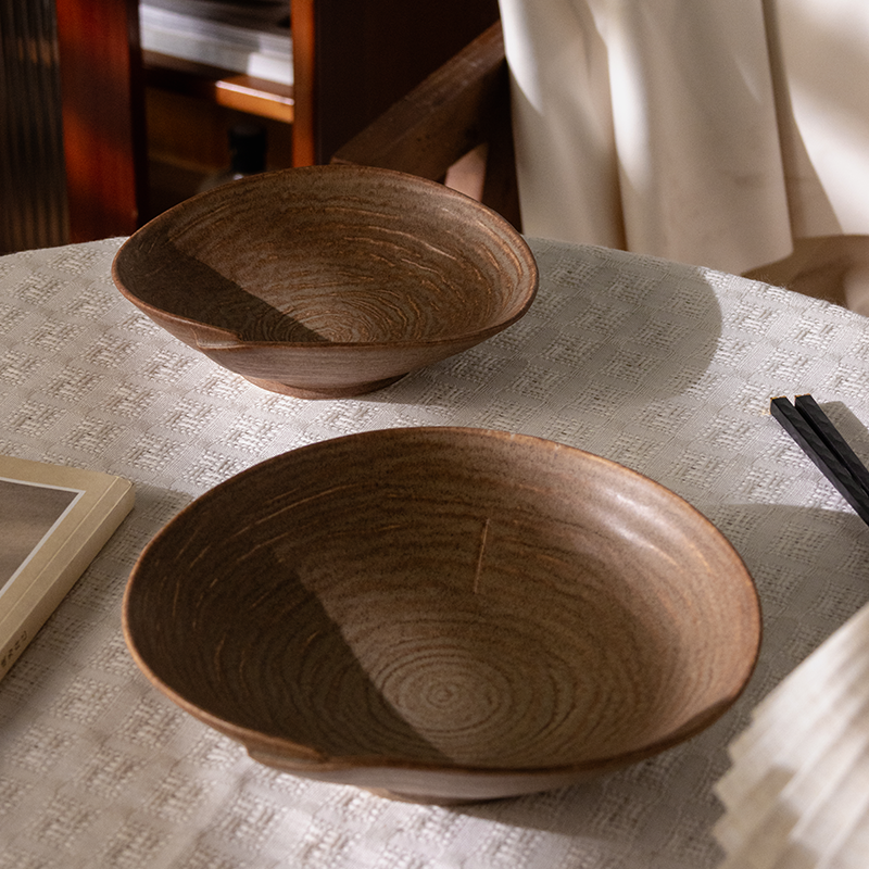 手工粗陶复古斜边折身年轮深盘