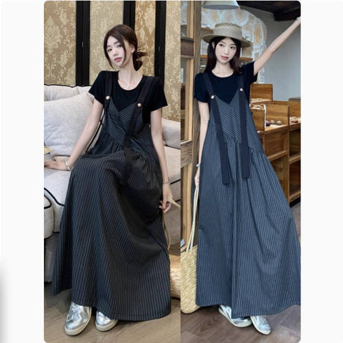 法式小众设计感条纹V领背带裤套装女夏季宽松气质休闲上衣两件套