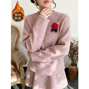 秋冬新款时尚加绒加厚两件套女装钩花斜襟外套上衣伞型半身裙套装