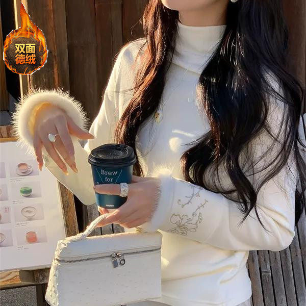 德绒加厚磨毛打底衫女秋冬毛边拼接国风刺绣上衣半高领长袖T恤潮,女装/女士精品,T恤,淘宝优惠券,粉丝福利购,淘宝优惠卷