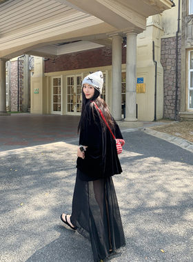 韩版黑色显瘦百搭短袖圆领t恤女夏新款时尚网纱裙休闲中长款上衣
