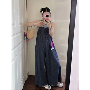 复古蓝色条纹吊带连体裤女夏季慵懒宽松休闲背带裤韩系垂感阔腿裤
