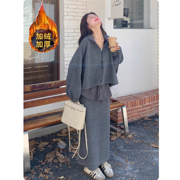加绒加厚秋冬新款女灰色时髦慵懒风卫衣格纹屁帘半身裙套装三件套,女装/女士精品,时尚套装,淘宝优惠券,粉丝福利购,淘宝优惠卷