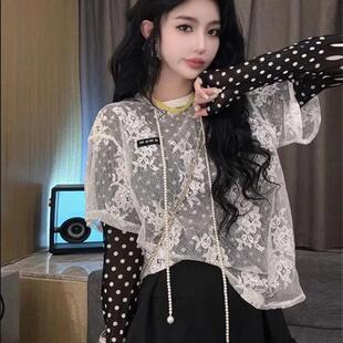 时尚蕾丝波点假两件上衣女2025春季新款韩版宽松显瘦洋气长袖T恤