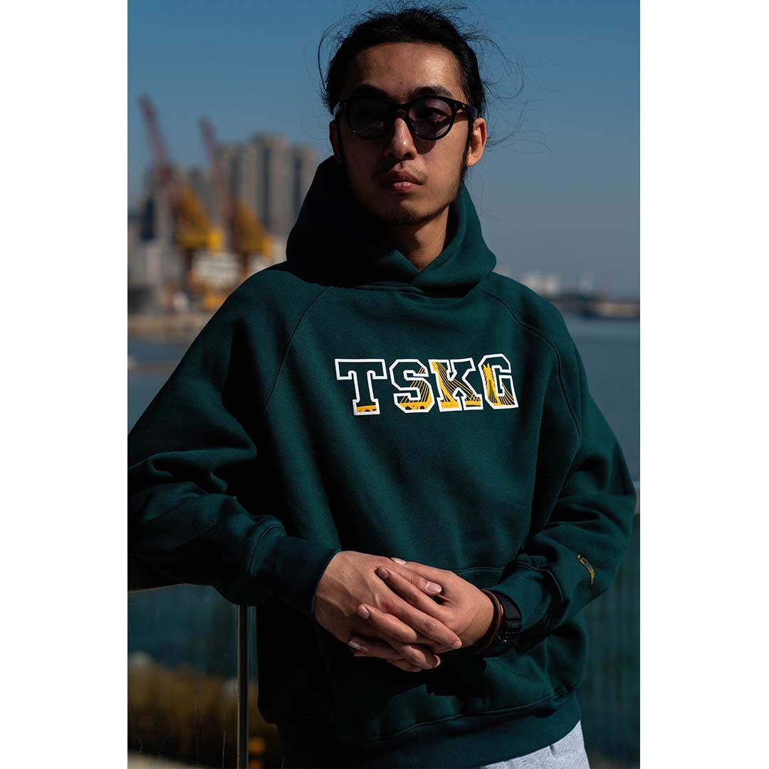 TSKG秋冬LOGO墨绿色卫衣连帽衫外套加厚纯棉抓绒男女宽松情侣装