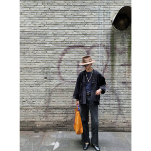 TSKG10OZ粗坑日式灯芯绒刺绣 黑紫色道袍外套 休闲开衫复古羽织