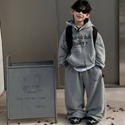秋冬季2025新款男童加绒美式套装儿童连帽卫衣运动保暖两件套