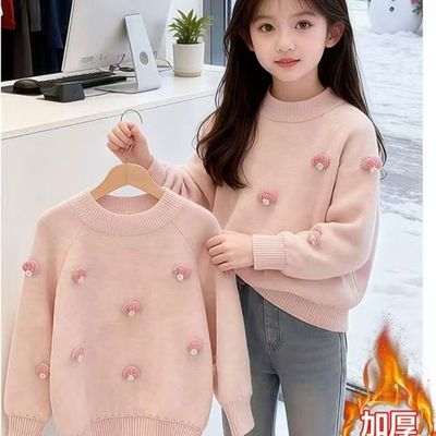 女童半高领新款冬季加厚草莓毛衣2025年女童保暖时尚洋气童装上衣
