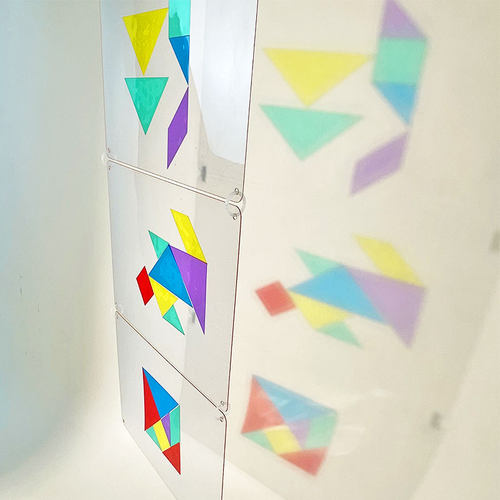 幼儿园区域角环创手工光影七巧板音符城堡剪贴装饰彩色玻璃片材料