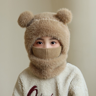 冬季儿童帽子围巾一体男女童加厚防风口罩毛绒帽中大童防寒套头帽