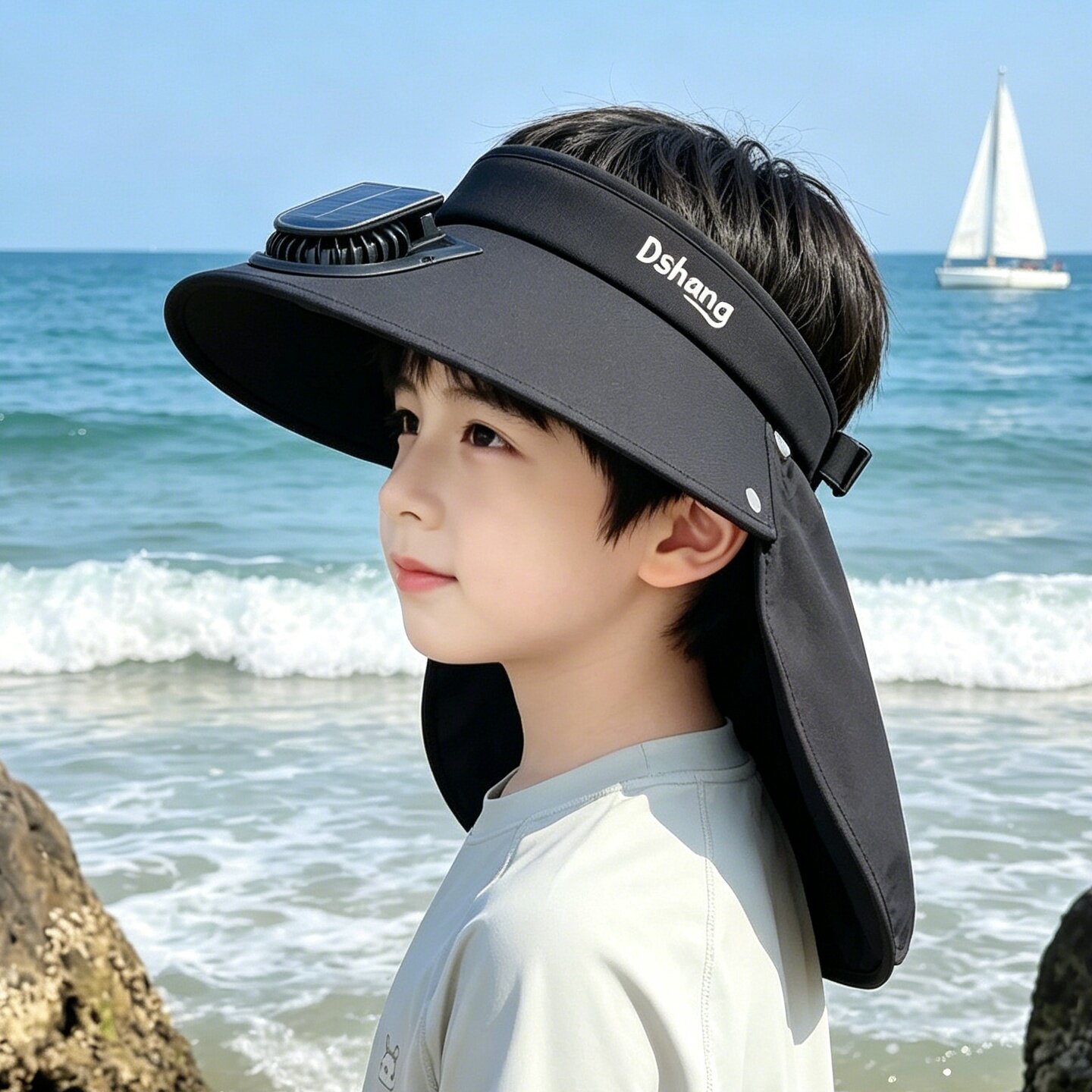 儿童太阳能风扇帽夏季男女童防晒大檐遮阳帽户外沙滩防晒披肩凉帽