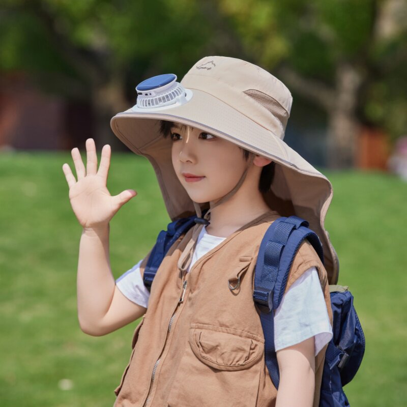 儿童风扇帽子夏季大帽檐男童防晒帽女童遮阳帽披肩防紫外线太阳能