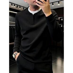 春树下服饰秋冬男卫衣2025高档商务撞色拼接长袖假两件净版打底衫