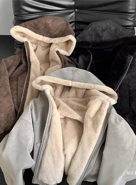 OWH800克重磅绒毛美式高街座山雕夹克纯色上衣加厚保暖连帽外套