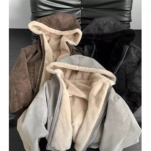 OWH800克重磅绒毛美式高街座山雕夹克纯色上衣加厚保暖连帽外套