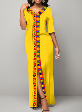 010外贸大码女装黄色连衣裙宽松V领套头开叉短袖气质通勤连衣裙32