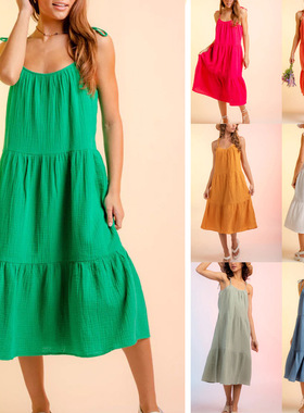 欧美爆款2024eBay亚马逊春夏新款女装吊带裙糖果色拼接纯色连衣裙