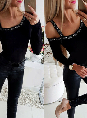 2024跨境EBAY 速卖通 欧美性感露肩单肩带烫钻钉珠纯色长袖T恤