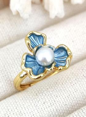 复古宫廷风天然珍珠戒指镀18k真金指环莫奈花园油画风食指戒