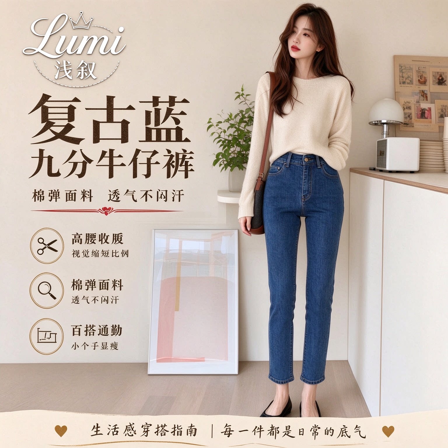 复古蓝高腰九分直筒显瘦牛仔裤女
