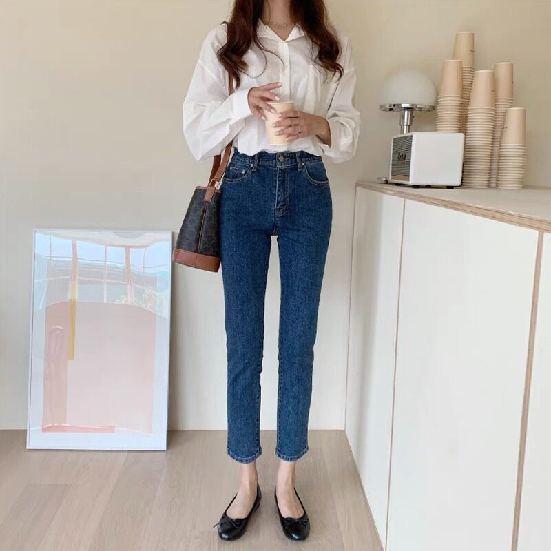 复古蓝高腰九分直筒显瘦牛仔裤女
