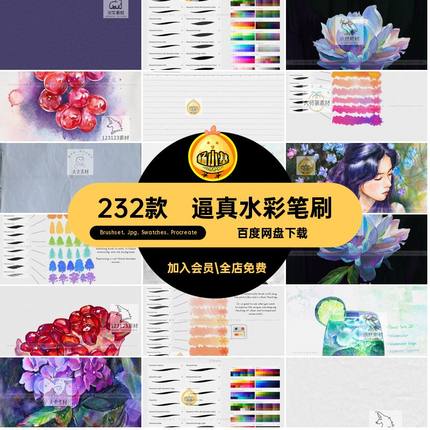 逼真水彩笔刷Brushset Jpg Swatches Procreate纹理笔刷合集