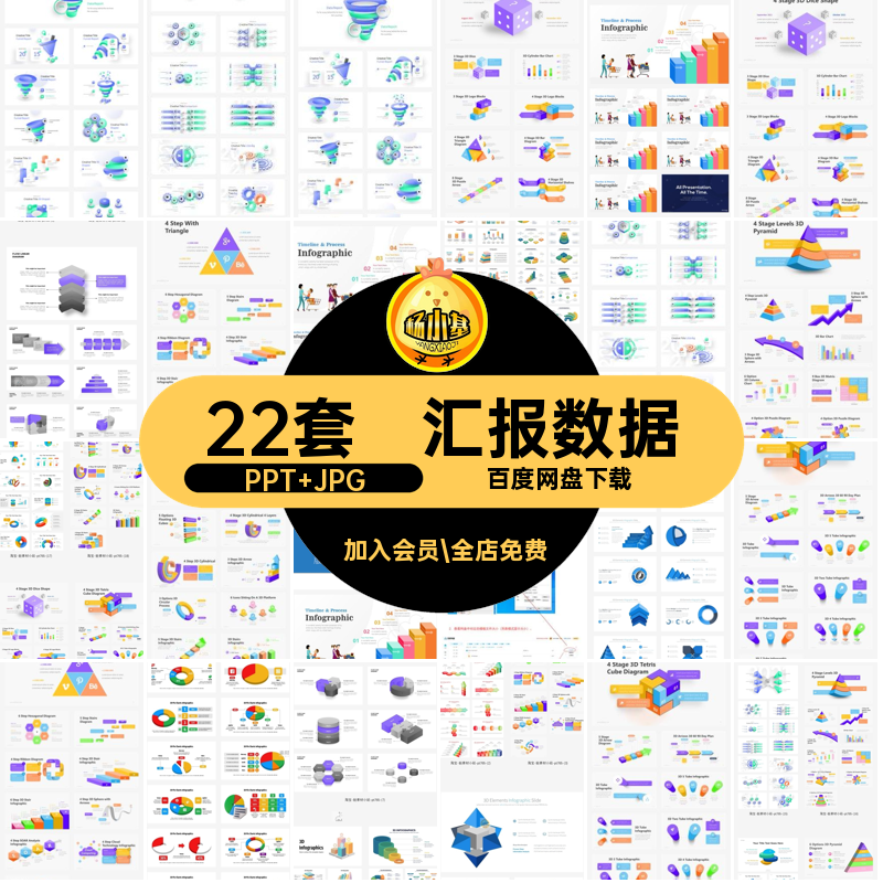 可视化图表PPT JPG市场调研22套数据3D汇报数据总结3D信息模板