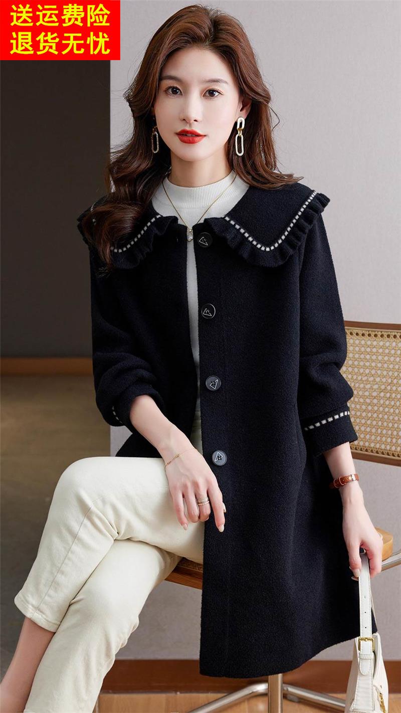 娃娃领毛呢大衣女士中长款2023秋冬新款小个子时尚减龄呢子外套厚