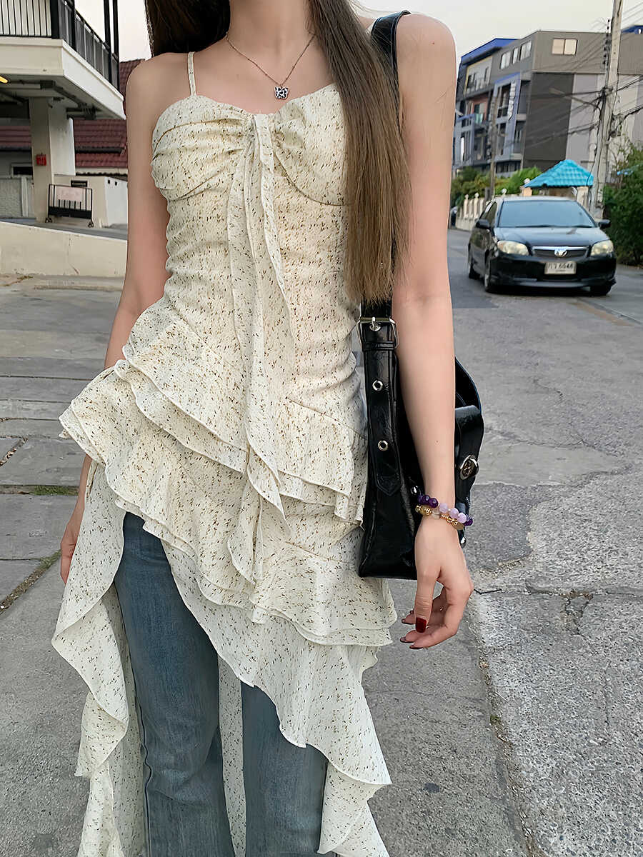 不规则荷叶边吊带连衣裙夏季少女连衣裙