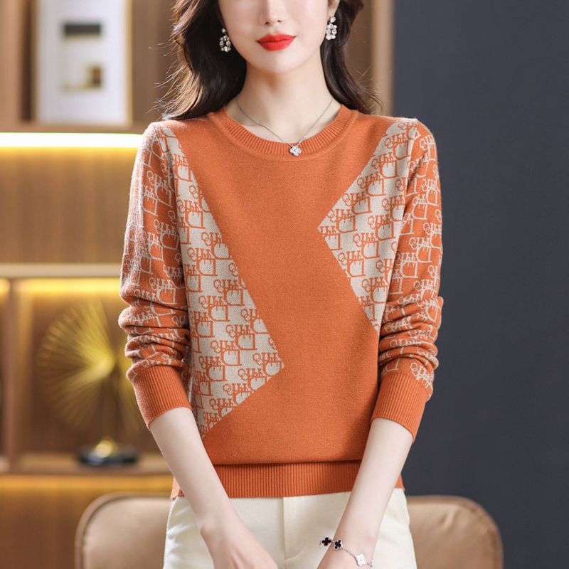 春秋毛衣女2023修身洋气圆领气质百搭印花套头针织拼色打底衫上衣
