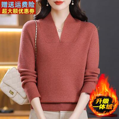 中年妈妈毛衣女秋冬宽松大尺码胖mm针织内搭上衣加绒加厚打底衫