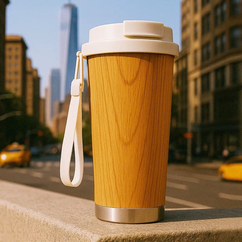 美国PURSING时尚木纹咖啡杯保温杯女生高颜值吸管便携316水杯子男