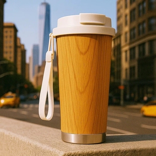 美国PURSING时尚木纹咖啡杯保温杯女生高颜值吸管便携316水杯子男