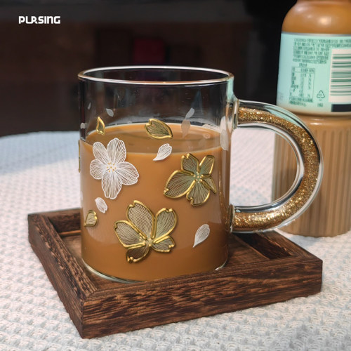pursing马克杯樱花玻璃杯高颜值女生办公室牛奶咖啡杯伴手礼品杯