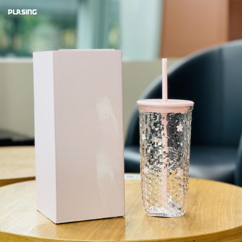 pursing 新款ins风可爱猫咪玻璃吸管杯女生礼物高硼硅耐热带盖