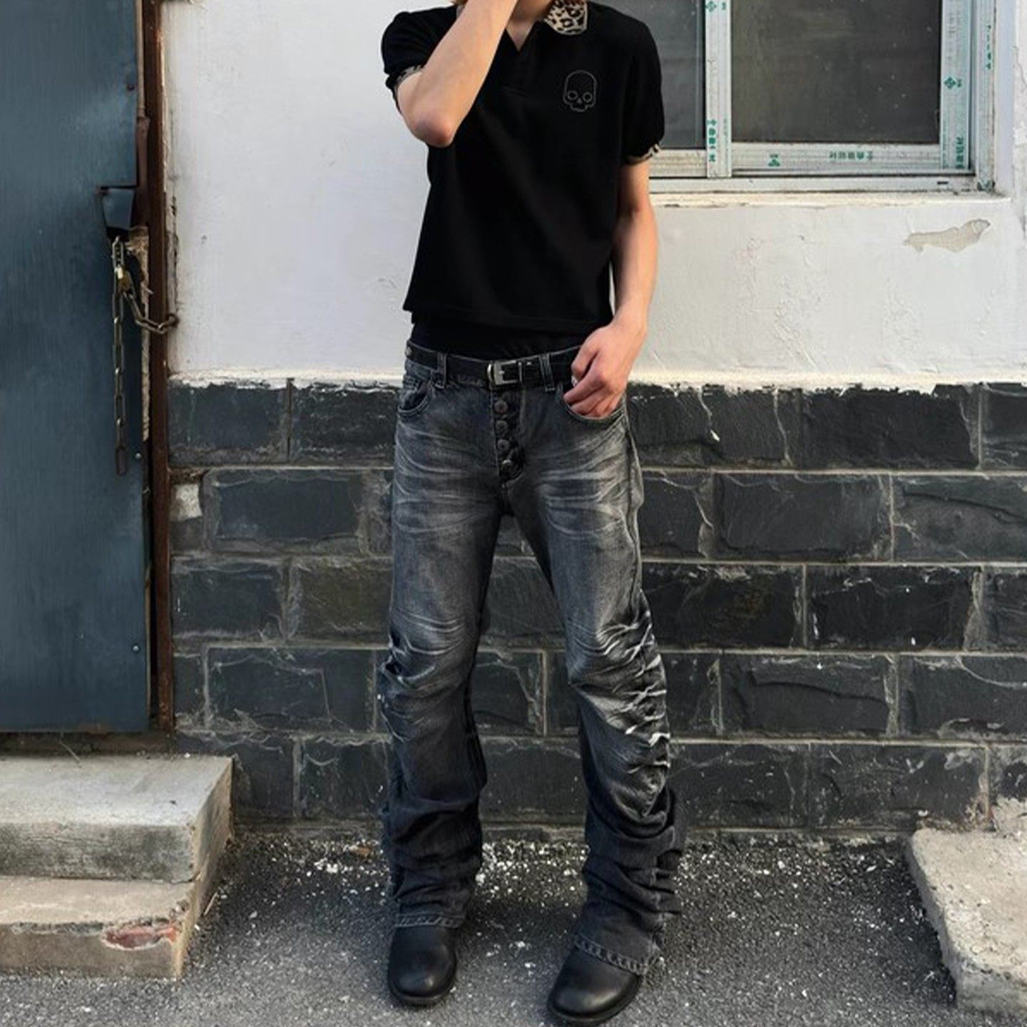 thumbnail for American high street retro vibe breasted pleated scimitar jeans men's straight slim casual pile pants trendy brand